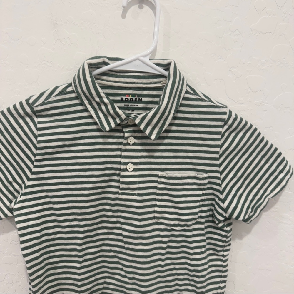 Mini Boden Striped Polo Shirt Boys 11-12 Years Green White Short Sleeve Spring - Picture 3 of 6